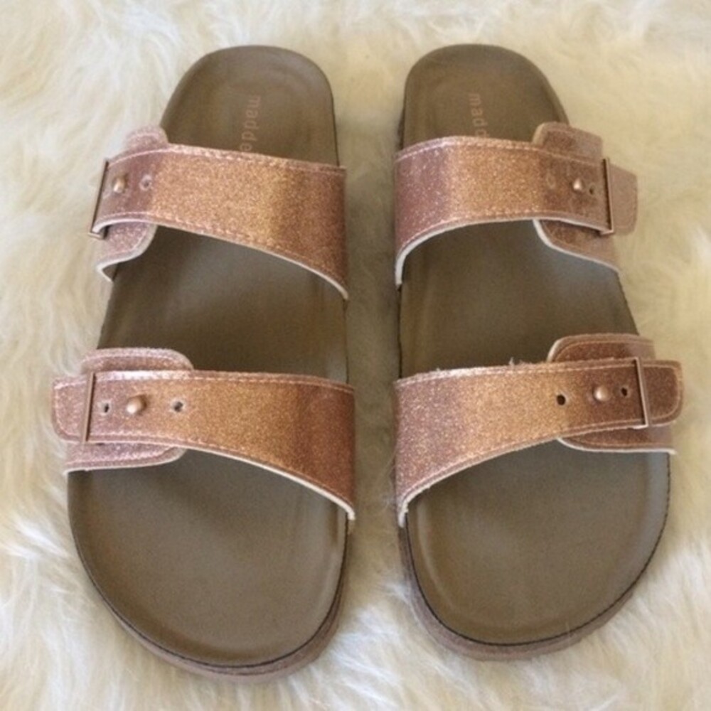 Madden Girl Glitter Brando Footbed Sandal Pink / Tan Size 6 / 7.5